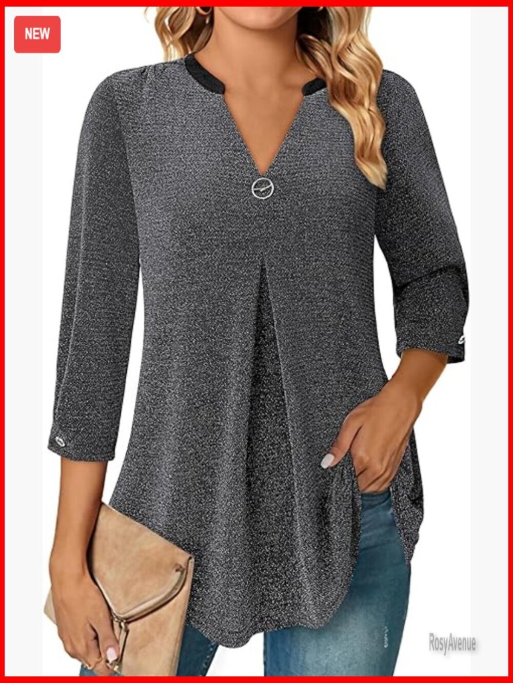 3/4 Sleeve V Neck Tunic Tops Dressy Casual Blouses M-XXL